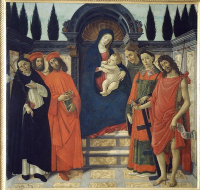 De Maagd en het Kind met St. Johannes de Doper, St. Damian en St. Cosmo door Sandro Botticelli